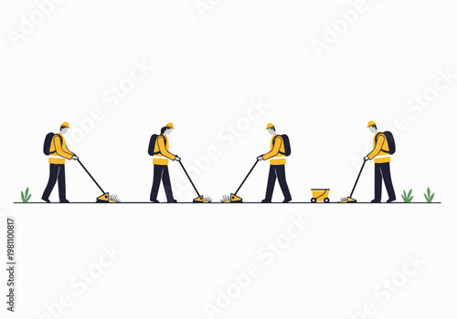 Professional landscaping team in yellow safety gear using brush cutters and trimmers for outdoor maintenance service, flat vector illustration.