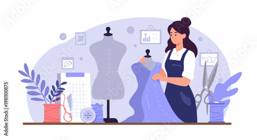 Creative female fashion designer draping fabric on a mannequin in a professional atelier studio with sewing equipment and accessories.