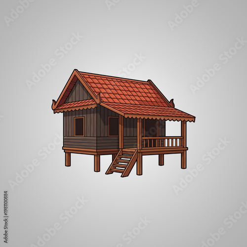 Traditional Southeast Asian Wooden Stilt House Illustration Featuring a Red Roof and Classic Architecture