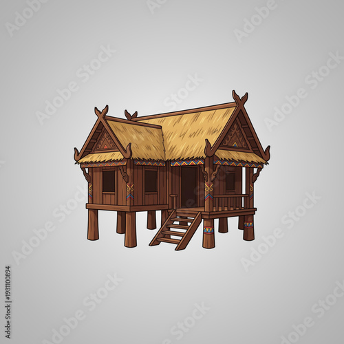 Traditional Hand Drawn Illustration of a Southeast Asian Wooden Stilt House with Intricate Cultural Details