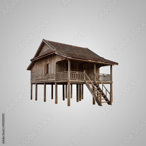 Traditional Rustic Southeast Asian Wooden Stilt House Isolated on a Neutral Grey Studio Background