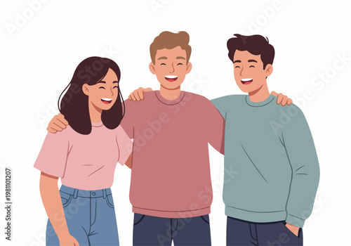 Three cheerful young friends laughing and hugging together, showcasing strong bonds and positive energy in a flat vector illustration.