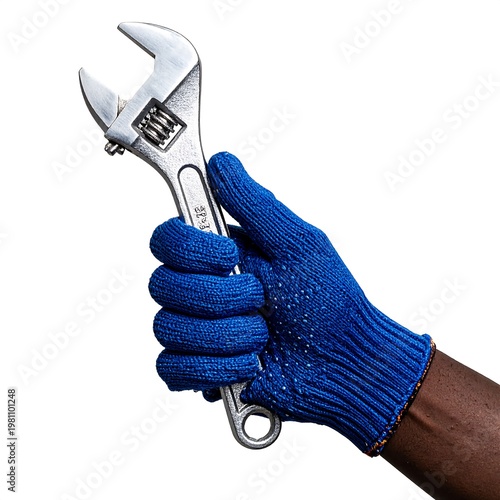 Hand in blue work glove gripping adjustable wrench against a bright white background