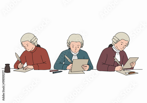 Illustration of three colonial-era men in powdered wigs writing with quill pens on parchment paper, representing historical figures or scribes.