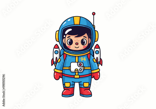 Adorable cartoon astronaut character with helmet and rockets ready for space exploration adventures