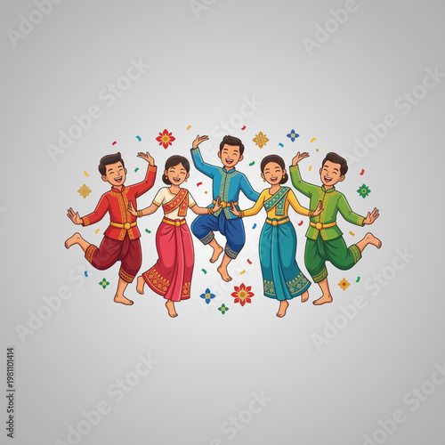 Happy people in colorful traditional Asian costumes dancing and celebrating a vibrant cultural folk festival