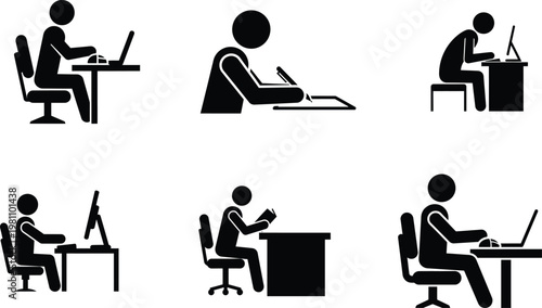 people working on computers and laptops in various office settings and positions