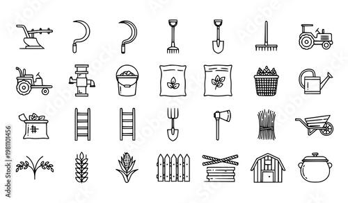 Village farming tools linear icon set traditional agriculture equipment outline vector for rural farming and organic agriculture design