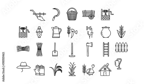 Minimal village agriculture tools monoline icon set traditional farming equipment vector for eco farming and sustainable rural design