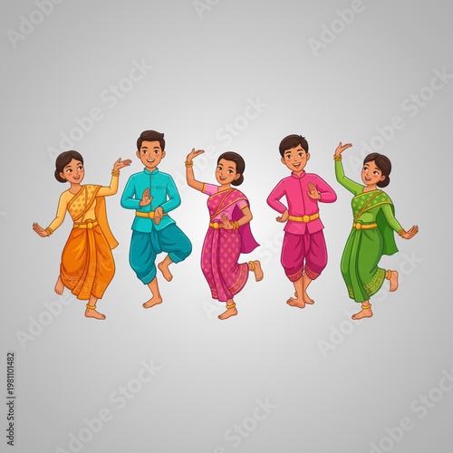 Cheerful Cartoon Illustration of Southeast Asian People Dancing in Colorful Traditional Cultural Clothing Outfits