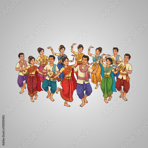 Group of People Performing Traditional Southeast Asian Folk Dance and Music in Colorful Costumes Illustration
