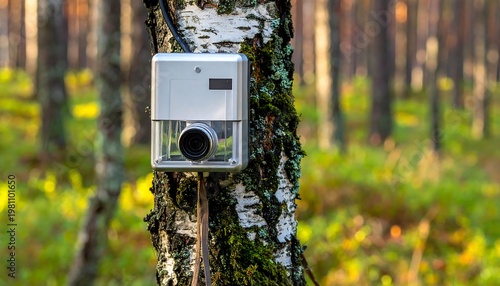 Silver camera, mounted on a birch tree, faces the viewer in a sunlit forest, focusing on surveillance in nature