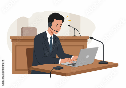 A Professional Male Interpreter or Court Reporter in a Suit Working with a Laptop and Headset at a Desk with Microphones.