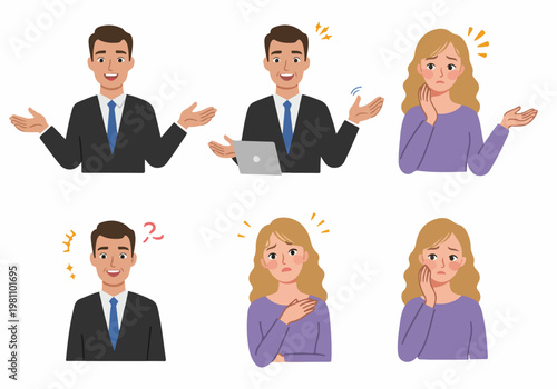 Vector illustrations showing a businessman and a woman expressing various emotions and gestures such as happiness, worry, and confusion.