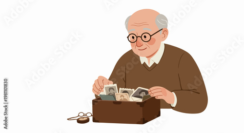 Elderly man looking through a box of old photographs, reminiscing and reflecting on past memories, isolated on white background.