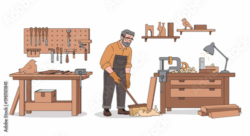 Senior male carpenter sweeping sawdust in his organized woodworking workshop surrounded by professional tools and hand-carved wooden figures.