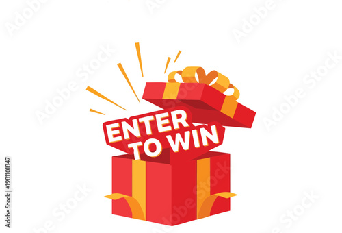 Enter to Win illustration with gift box opening with prizes. Vector graphic design background for social media, business, marketing, promotions