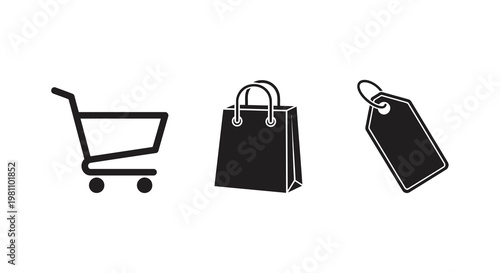 Shopping icons including a cart bag and tag silhouette