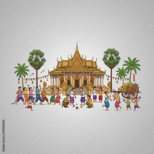 Cambodian People Celebrating Khmer New Year Festival With Traditional Games And Dancing Near A Temple