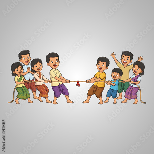 Happy children in traditional Southeast Asian costumes playing a fun tug of war game together