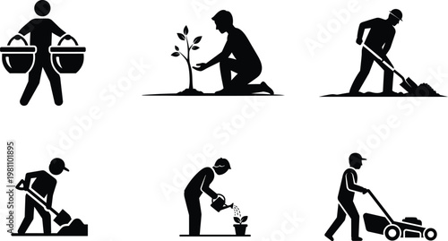 Silhouette icons of people doing gardening and yard work activities