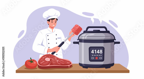 Professional chef preparing a meat dish using a modern multi-cooker or pressure cooker in a clean kitchen environment, vector illustration.