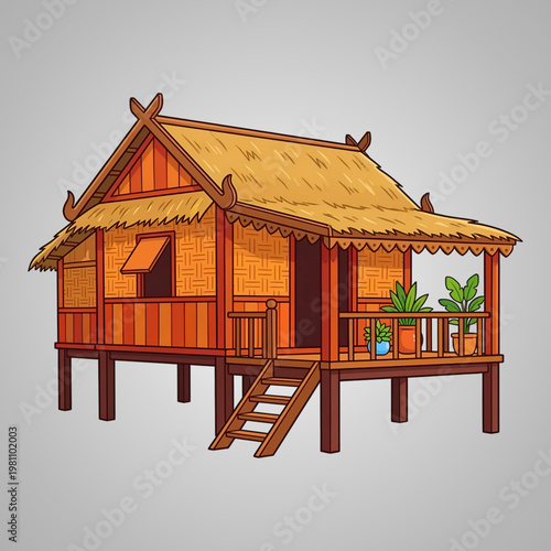 Traditional wooden tropical stilt house illustration featuring a thatched roof and cozy plant filled porch