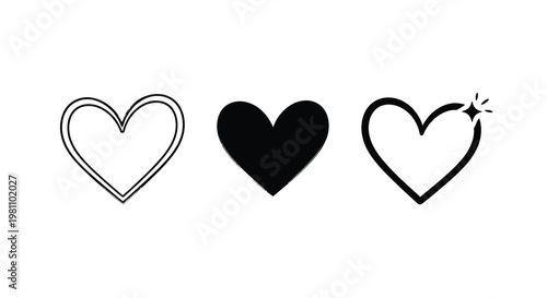 Three heart illustrations with varying styles including a dark silhouette