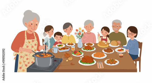 Multi-generational family enjoying a festive holiday dinner together, with a grandmother cooking a delicious meal in a cozy home setting illustration.