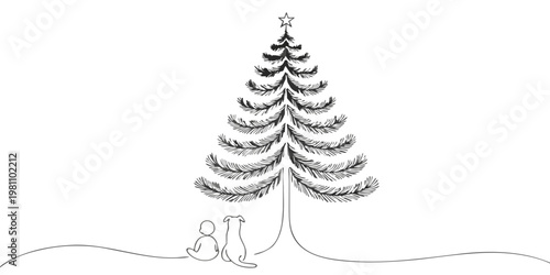 Child and dog sit under a minimalist Christmas tree with a star