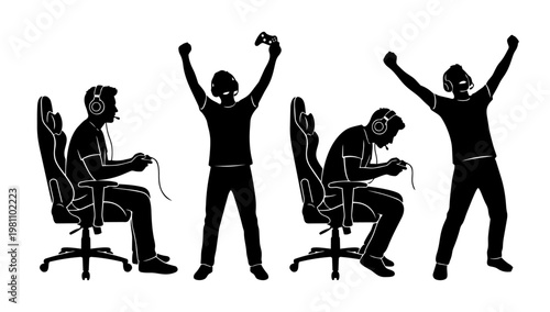 Silhouette illustration of people reacting with excitement and celebration, representing emotions, success, and expressive human behavior in digital design concepts.