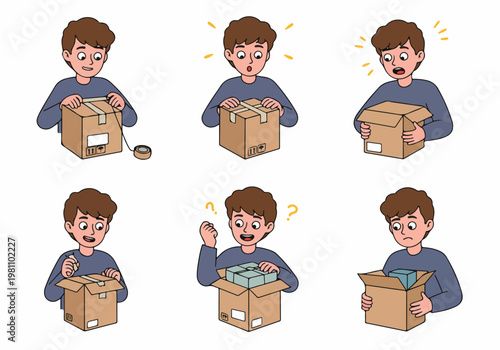 Cartoon character packing and unboxing a parcel showing different facial expressions like surprise, confusion, and disappointment.