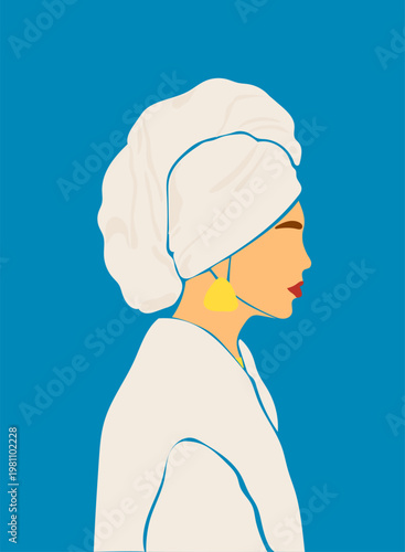 Woman Profile Towel on Head. Young Adult Cartoon Character in SPA Hotel Zone.  Travel Vacation Agency, Summer Resort Rest Theme. Original Creative hand Drawn Art. Graphic Female Silhouette