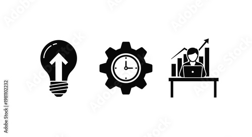 Innovation time management and business growth represented in black silhouette