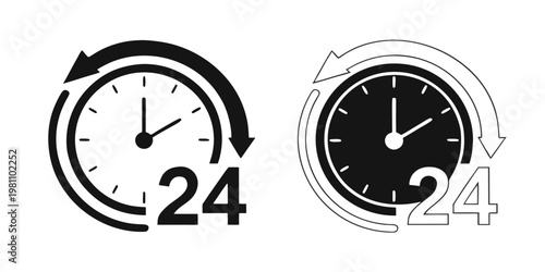 Clock with 24 hour circular arrow indicating continuous service