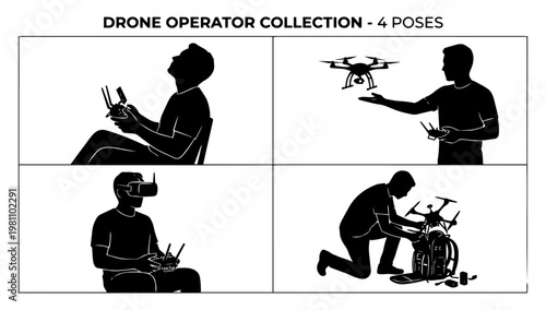 Vector illustration set of drone operators in different poses, representing remote control technology, aerial operations, and modern tech interaction concepts.