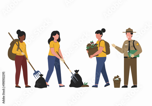 Vector illustration of diverse volunteers and a park ranger working together on an environmental cleanup and planting project for nature conservation.