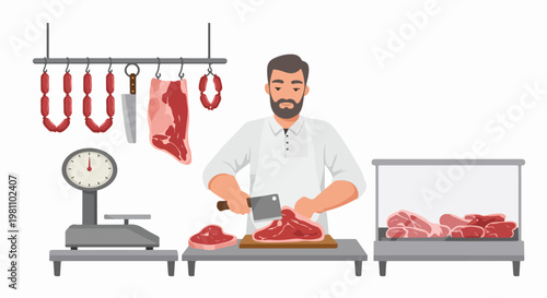 Professional Butcher Cutting Raw Meat in a Shop Illustration with Scales and Sausages