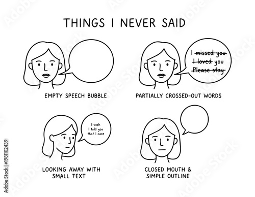 Illustration set showing communication scenarios and speech bubbles, representing conversation, messaging, and social interaction concepts for UI and storytelling design.