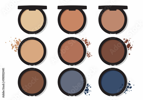 Collection of various makeup powder compacts in multiple shades and skin tones, presented in a clean flat vector illustration style on white background.