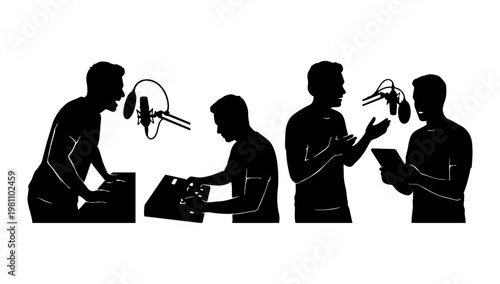 Silhouette illustration of people recording audio and speaking into microphones, ideal for podcasting, broadcasting, and media communication design concepts.