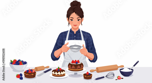 Illustration of a young female baker in a white apron dusting powdered sugar on chocolate cakes decorated with fresh strawberries and blueberries.