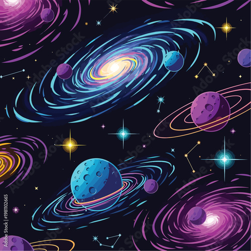 Colorful galaxy pattern with planets, stars, and celestial bodies on a dark background, seamless pattern, royalty free stock.