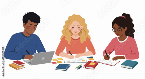 Diverse group of multiethnic students studying together with books and laptop, flat vector illustration
