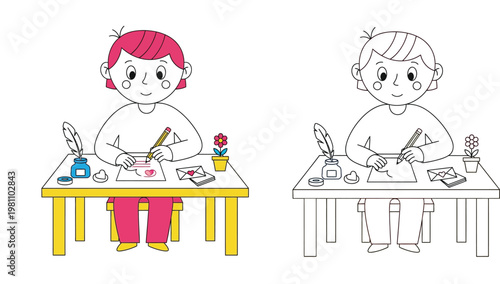 Cute child writing a Valentine love letter at a desk. Color and outline black and white line art versions for kids coloring book page vector illustration.
