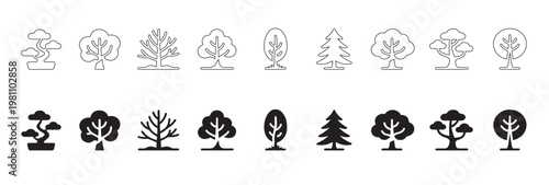 Large grid of tree icons in black and outline styles features various species of deciduous and evergreen trees for design. Collection of various tree icons in black outline and solid silhouette styles