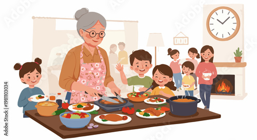 Caring grandmother cooking a large, delicious meal for her happy family and grandchildren in a cozy home environment.