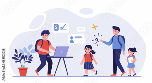 Flat Illustration of Students and Mentors Using Technology for Learning Entrepreneurship and Finance in a Modern Educational Environment.