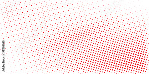 Red color halftone gradient texture. Vanishing cartoon polka dot background. Repeating dotted gradation pattern. Fading comic pop art overlay backdrop. Raster halftone effect wallpaper. Vector