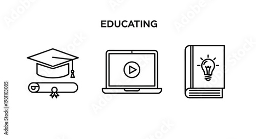 Education icons depicting learning tools in a minimalist silhouette